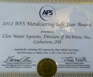 Clow Water is the Proud Recipient of the 2012 AFS Metalcasting Safe Year Award